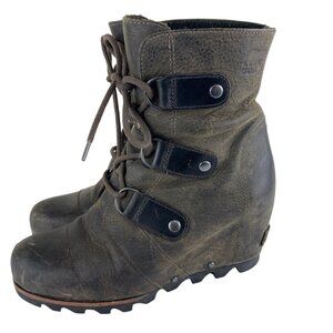Sorel sz 7 Joan of Arctic Hidden Wedge Mid Boots Leather Lace Up Brown